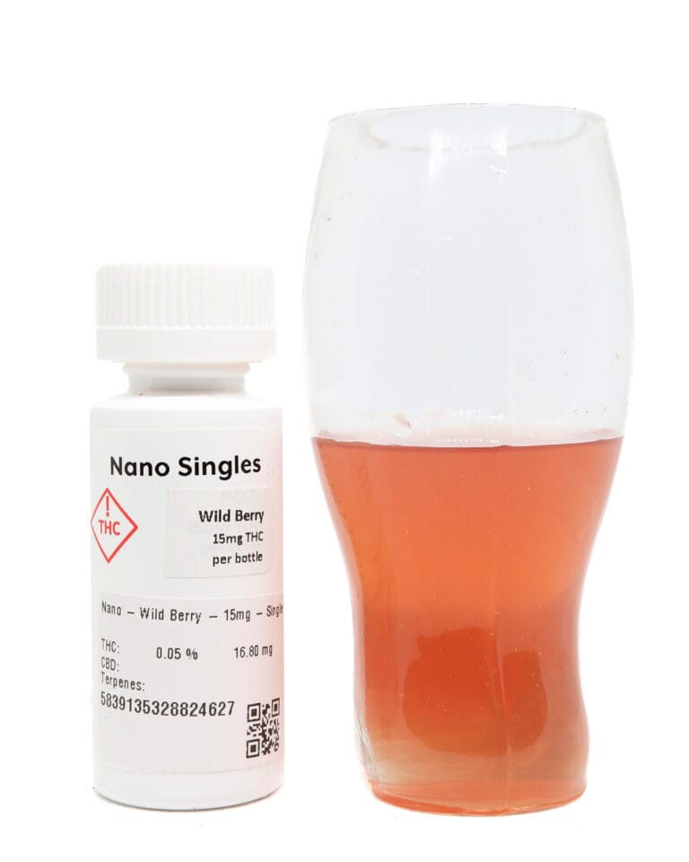 Planet 13 Wild Berry Nano 15mg THC fast-acting tincture bottle with light red liquid