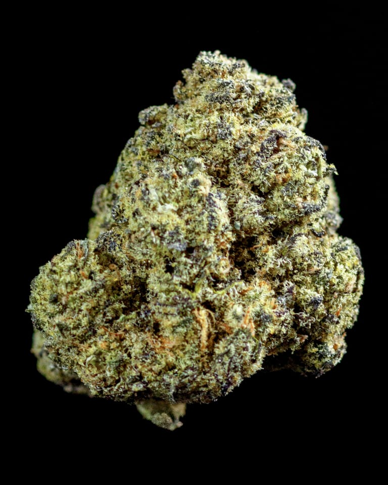 Grape Gas flower from Sunburn with sticky green and purple buds, orange pistils, and frosty trichome coverage