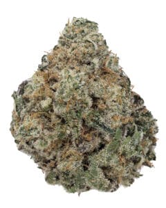 King Clementine x Reaper 85 flower from Goldflower with dense frosted buds, orange pistils, and Lion Order packaging